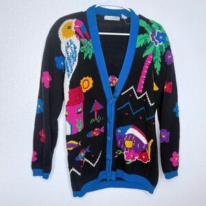 Heirlooms Vintage Knit Tropical Beach Floral Fish Cardigan Sweater Large